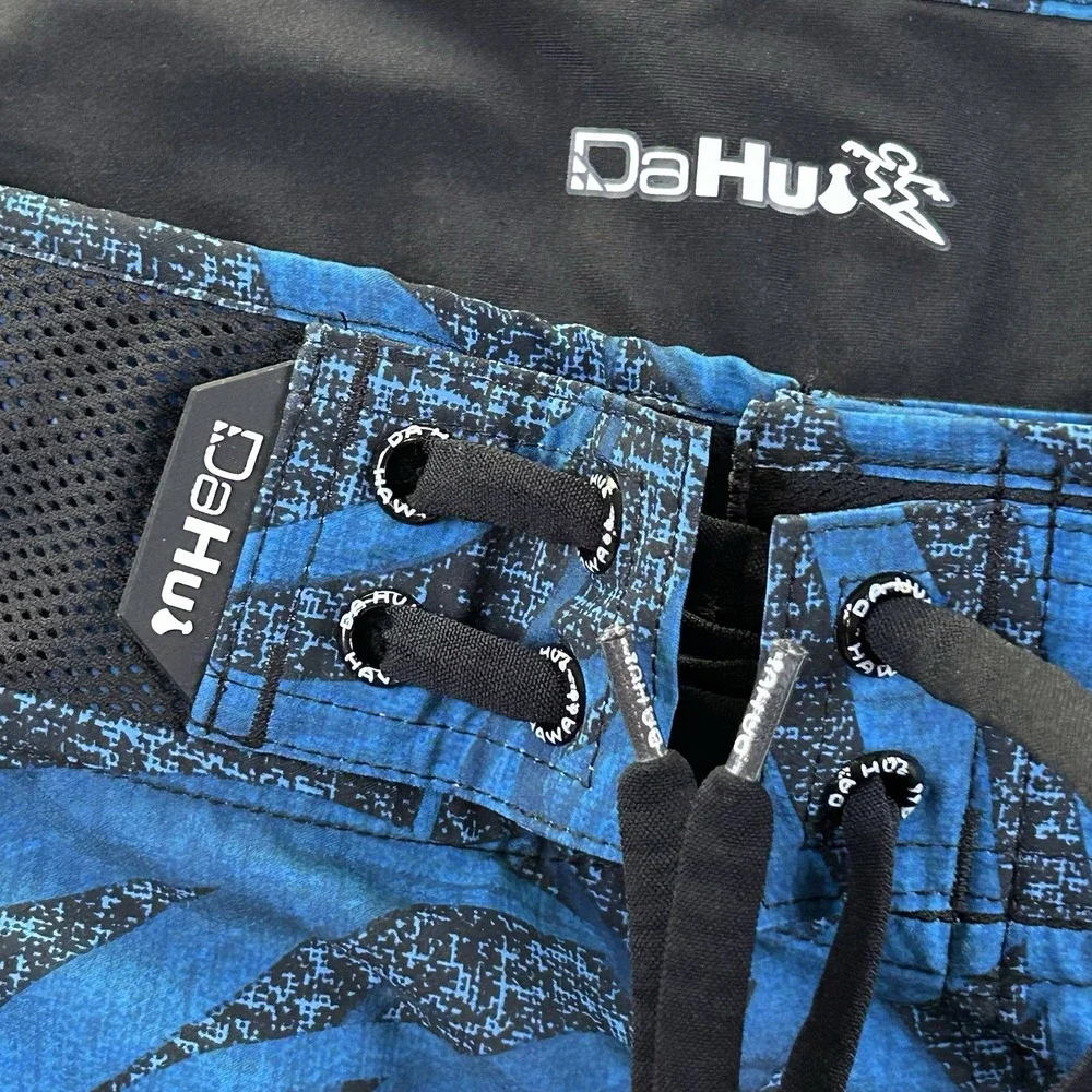 Da Hui Mens Blue Palm Print Board Shorts Swim Trunks Size 40 Pockets Hawaiian